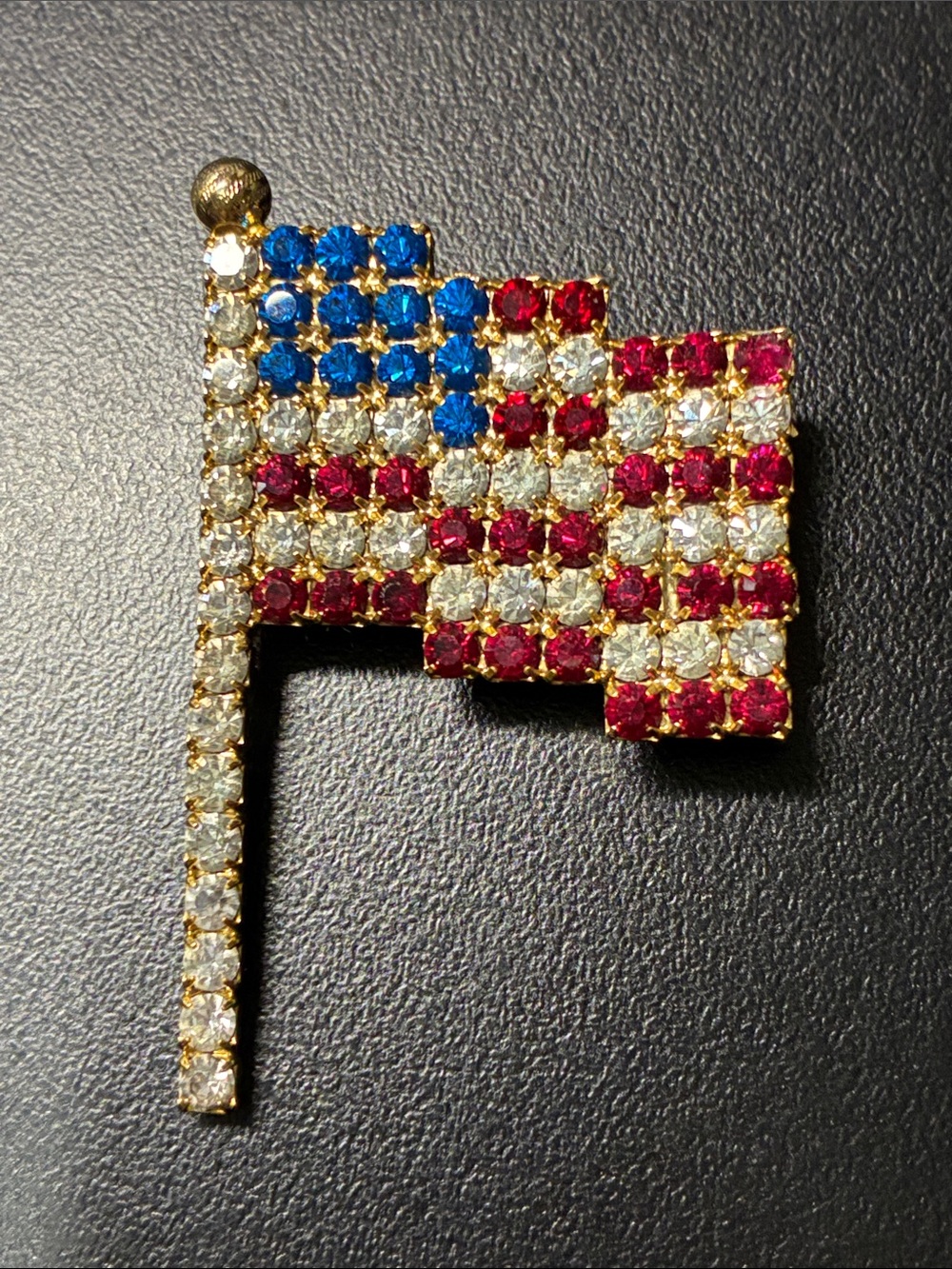 Vintage Rhinestone American Flag Pin Brooch - Red, White, Blue